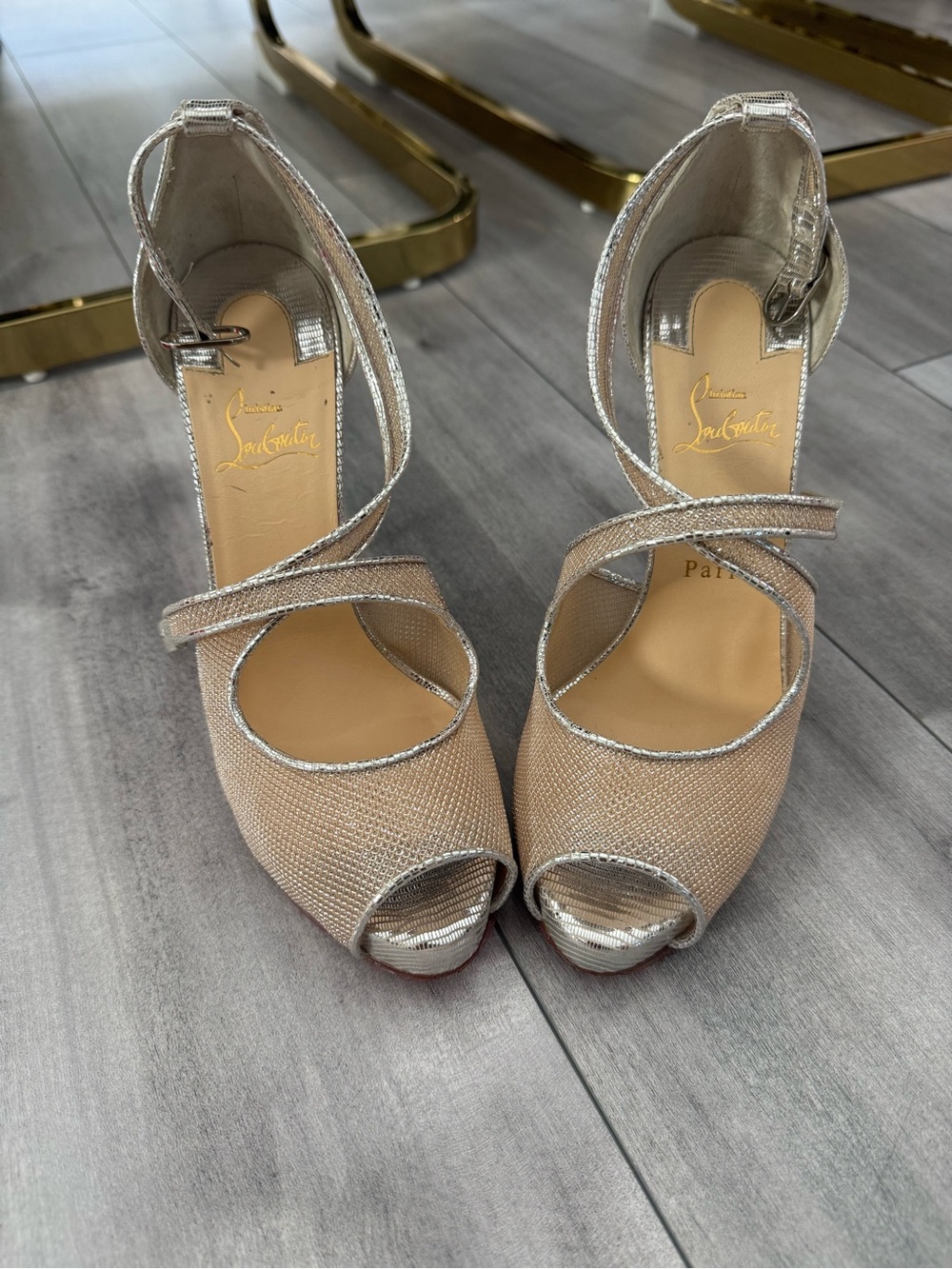 Christian Louboutin Silver Sparkle Peep-Toe Heels